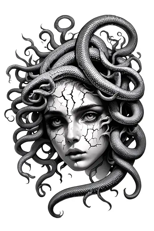 medusa face, with snakes, crack in the face, eyelook, half sleeve tattoo, hand showing tattoo design idea