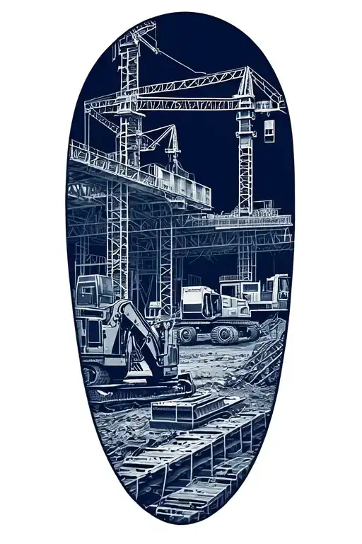 Create a dotwork tattoo featuring a detailed blueprint of a construction site with heavy machinery tattoo design idea
