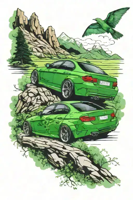BMW E90 green, Lord of the rings, mountain, van gogh tattoo design idea