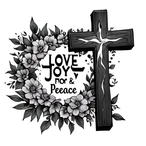 a cross using hebrew words for love, joy, and peace tattoo design idea