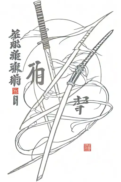 The words "kaizen" and "family" in Japanese should be vertical and in the background a thin red samurai sword tattoo design idea