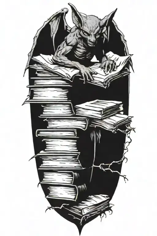 A bat gargoyle. Standing on a pile of corpses and books. Occultism, tortured souls tattoo design idea