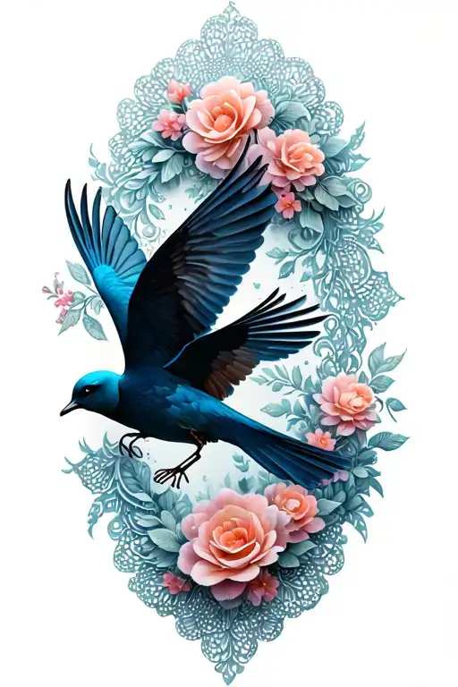 floral lace with birds flying tattoo design idea