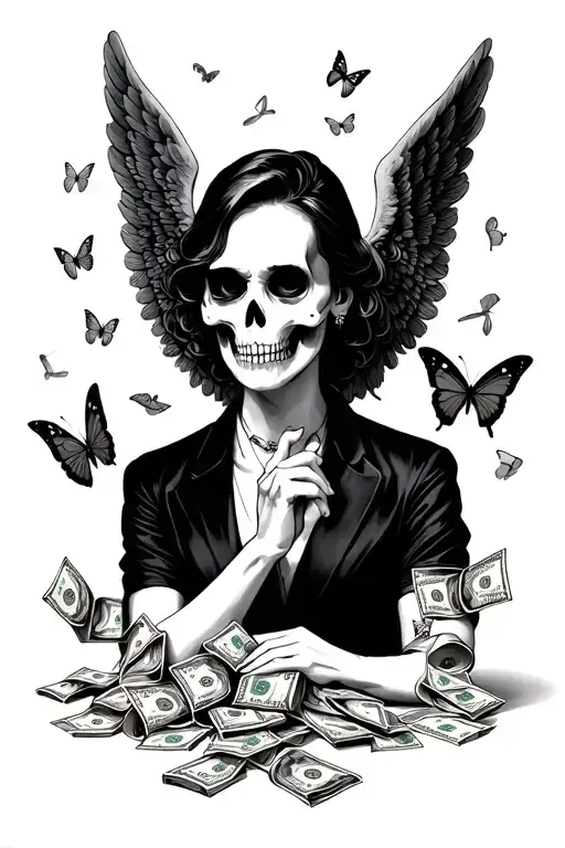 gangster angel rolls of money 100s 50s 20s commas bank account prosperity joy dead butterflies life and dead butterflies tattoo design idea
