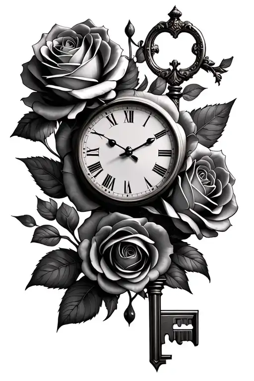 roses clock key tattoo design idea