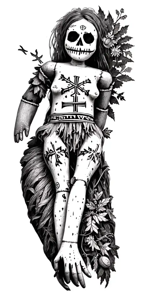 A voodoo doll surrounded by symbols of Norway nature tattoo design idea