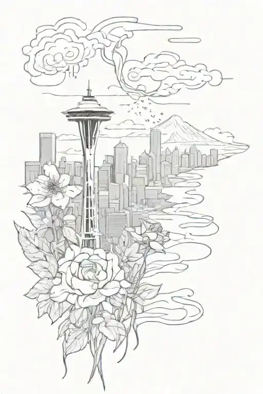 Seattle skyline mt Rainer rain bleeding gloomy dark dead flower nature intertwined tattoo design idea