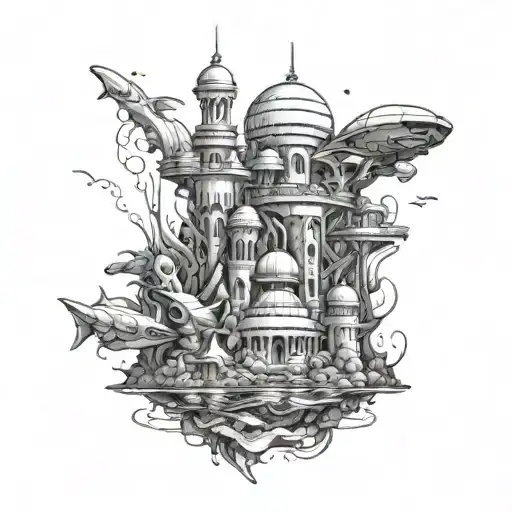 Underwater city with futuristic architecture and alien sea creatures tattoo design idea