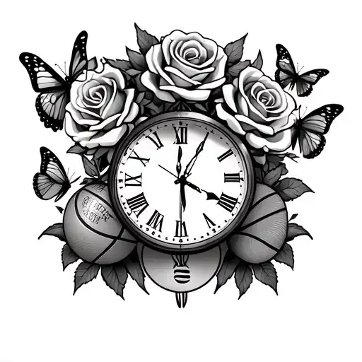 full sleeve tattoo from includes roses , a clock time set too 11:24,butterflies,lighting,microphone,basketball,soccer tattoo design idea