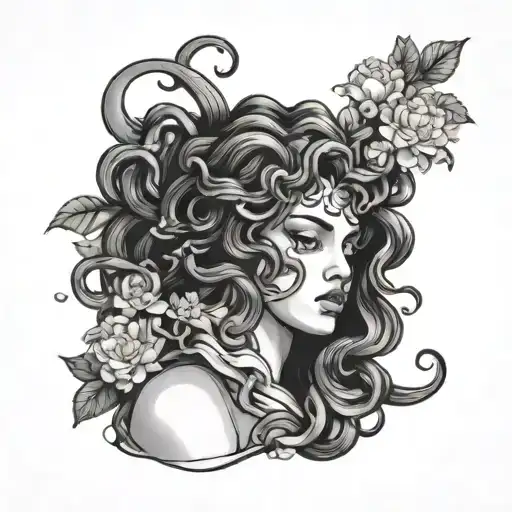 Medusa with three Band-Aids coming out of flowers growing tattoo design idea