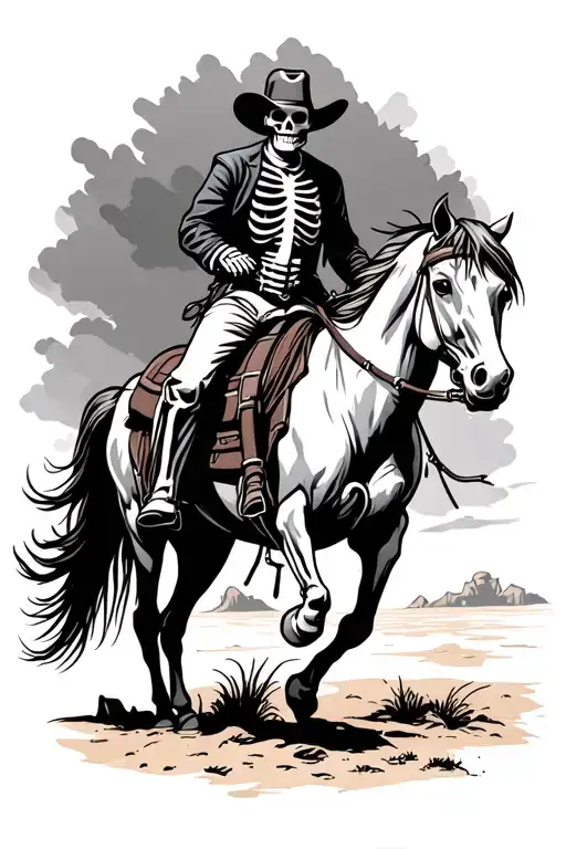 skeleton cowboy riding horse in desert with pump jack in background tattoo design idea