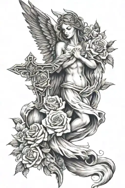 angel wings and halo cross Wolf howling roses entwined says mother tattoo design idea