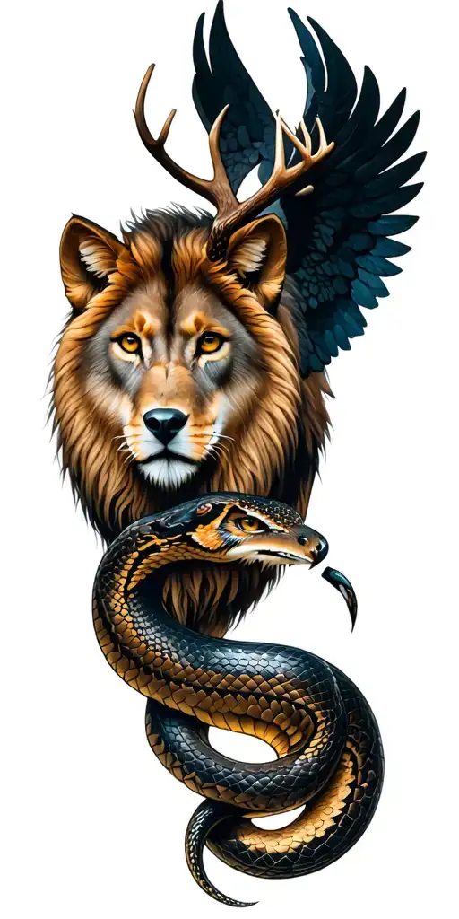 lion, angel, wolf, owl, deer with forest, snake slithering tattoo design idea