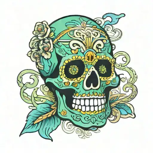 Mexican skull. Viewed from the front not from an angle. Main colors dark green and baby blue. It has many face drawings tattoo design idea