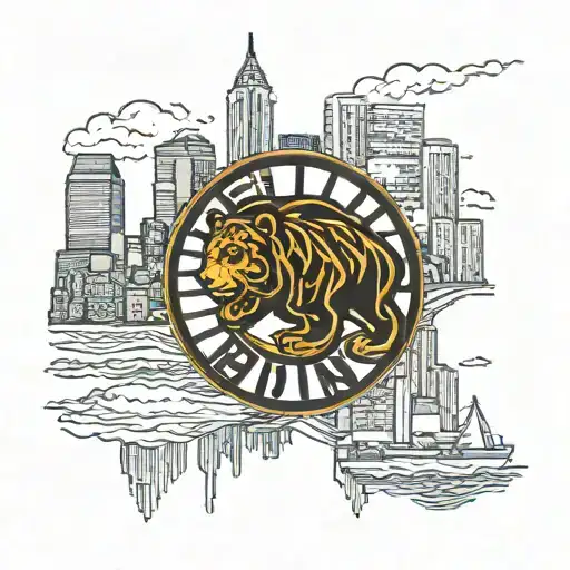Boston skyline in the background with the boston bruins logo in the center. Make the logo look rustic tattoo design idea