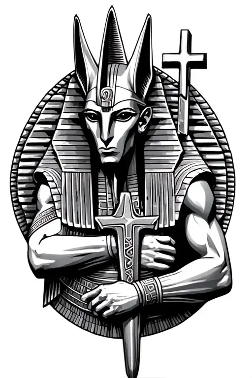 anubis holding egyptian cross tattoo design idea