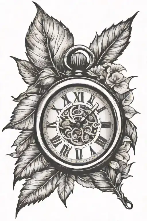 Leaves and time piece tattoo design idea