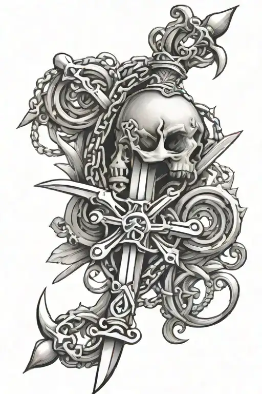 Swords, chains, infinity symbols and dog bones tattoo design idea