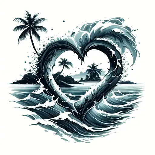 	•	A stylized heart blending into ocean waves.	•	In the background, a small silhouette of Gangehi island with a palm tr tattoo design idea