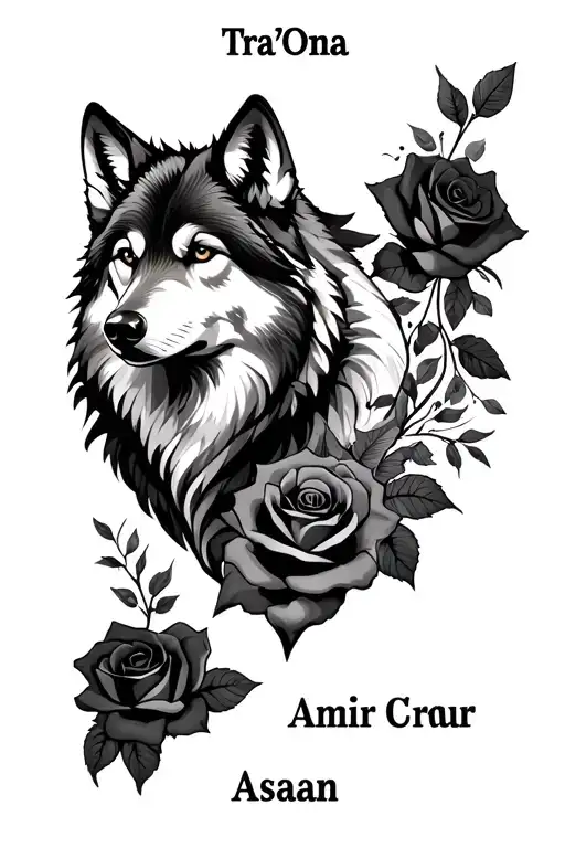 wolf and roses with the names Tra'Ona, Amir, and Asaan  tattoo design idea
