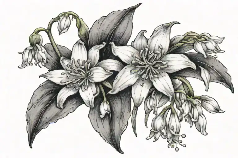 Coverup tattoo snowdrop lily-of-valley aster flower blooming tattoo design idea