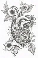 abstract design human heart, poppies, anemones, mushrooms, music, love and the letters J and C tattoo design idea