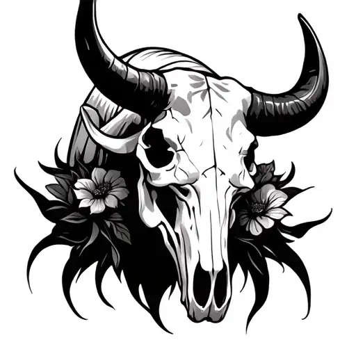 A detailed and artistic tattoo design featuring a bold bull skull. The skull should have sharp, defined horns, and intri tattoo design idea