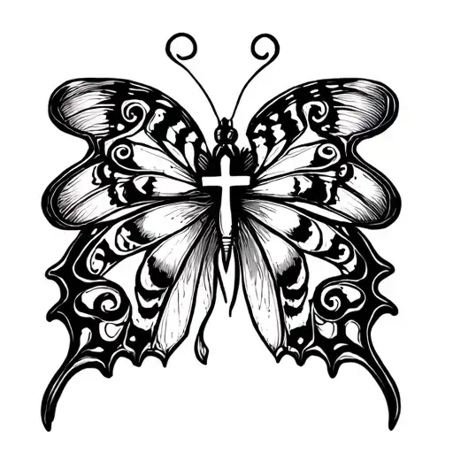 butterfly with 3 crosses tattoo design idea