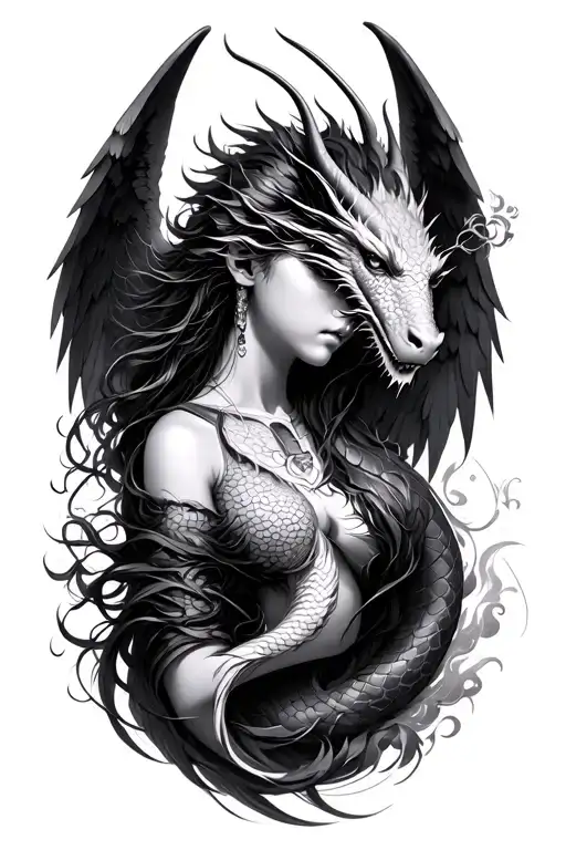 Japanese angel and dragon enveloping tattoo design idea