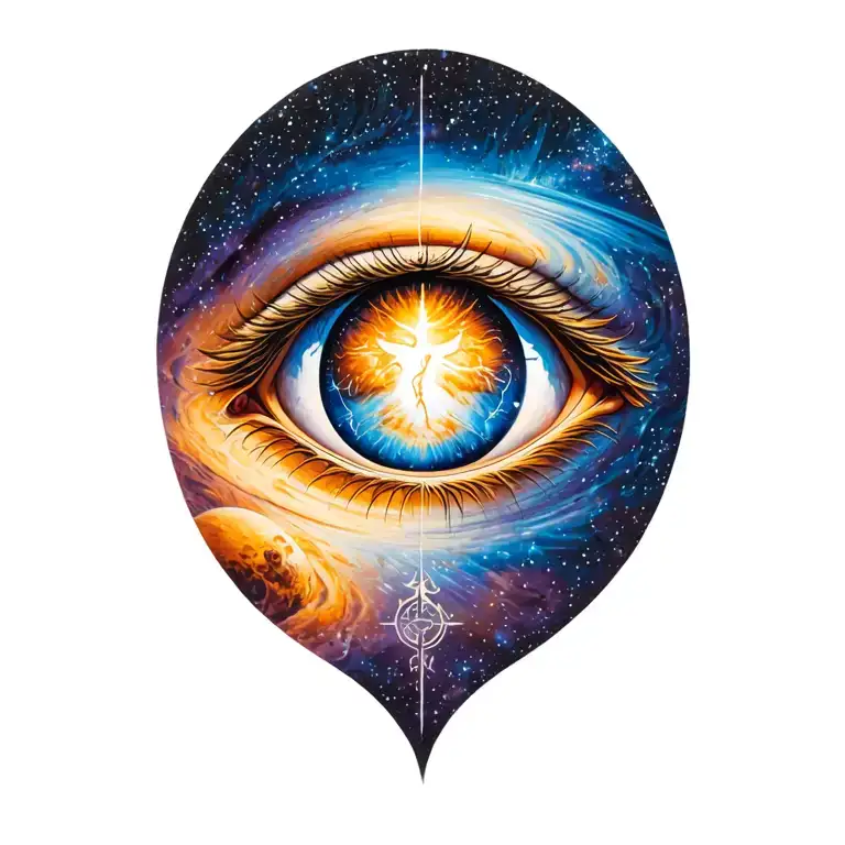 3rd eye with seven archangel sigil in the pupil, adding the planet jupiter in the background in a galaxy.  tattoo design idea