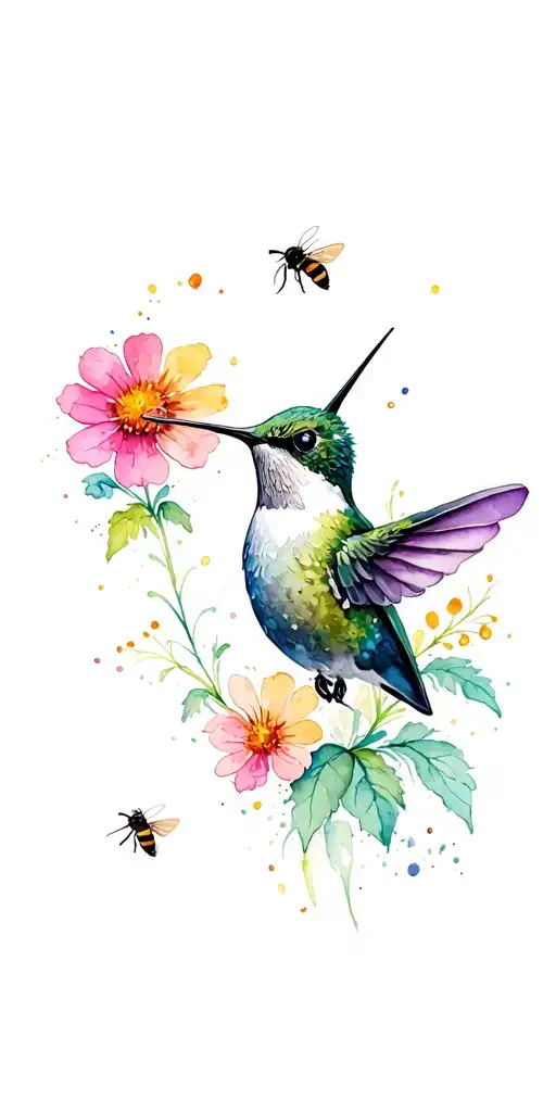 Hummingbird , wild Flowers plants and bees tattoo design idea