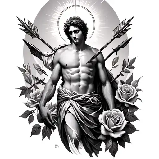 Patron saint Sebastian with arrows and roses with an angle above him shinning light tattoo design idea