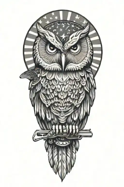 Native American owl with American flag and rifle tattoo design idea