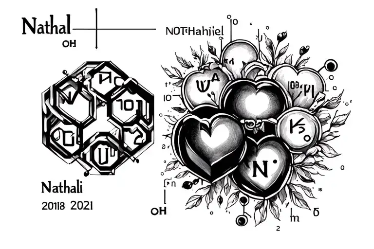 Combine the names and dates with in the chemical formulas for love. Nathaniel 2018 och Nikolai 2021 tattoo design idea