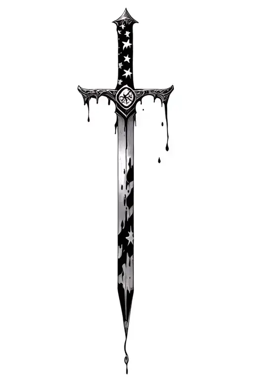 blood dripping and usa flag and long blade and runes and stone tattoo design idea