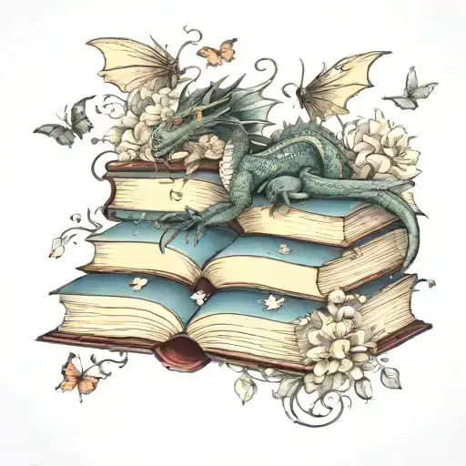 dragon hoarding stack of open books, wind and stars shooting upward, butterflies, flowers and leafy vines curling down tattoo design idea