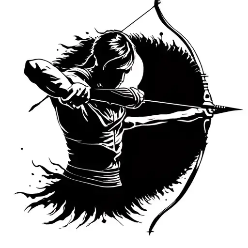 "Create a small, minimalist tattoo design featuring a bow and arrow archer in the middle of shooting tattoo design idea