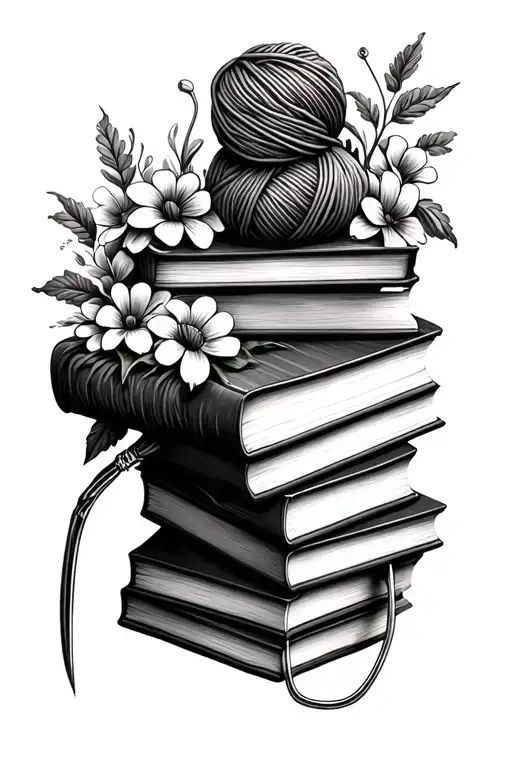 Stack Of Books Surrounded By yarn with a crochet hook and flowers tattoo design idea