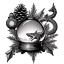 a snow globe, a pinecone, a latern, a dragon, a horseshoe, a shark tooth, an arrowhead, and a honey tattoo design idea