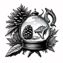 a snow globe, a pinecone, a latern, a dragon, a horseshoe, a shark tooth, an arrowhead, and a honey tattoo design idea