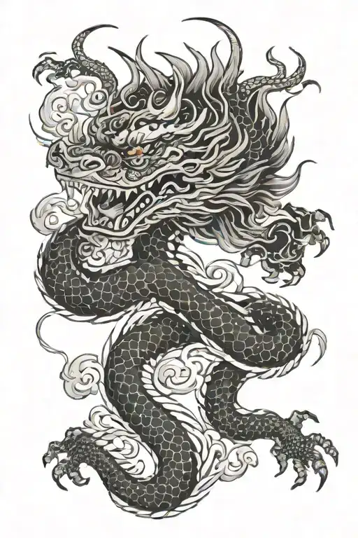 a Japanese dragon tattoo with side profile face in a manner that two eyes are visible, add air water fire elements as ba tattoo design idea