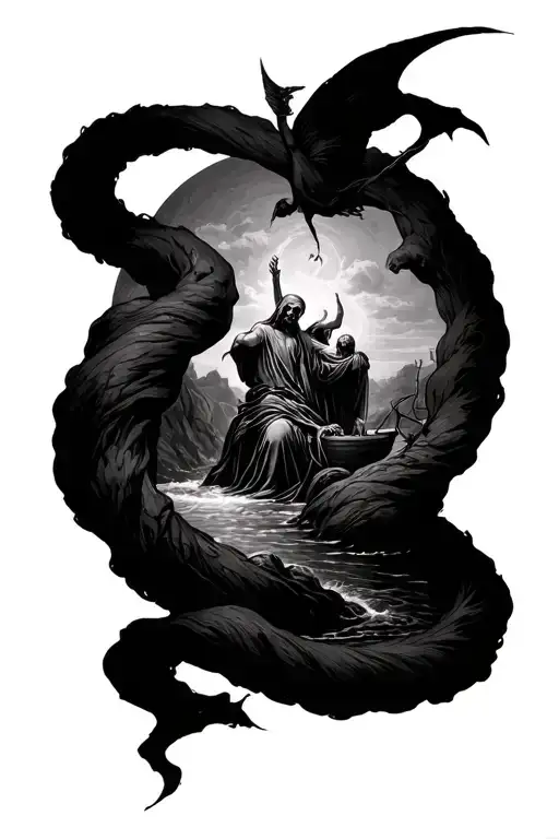 river of styx with charon ferrying a soul wrapping around the forearm tattoo design idea