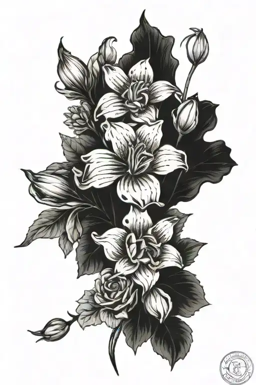 fine line tattoo of a bouquet of 5 flowers: one lily, one snakes head fritillary, one rose, one geranium and one freesia tattoo design idea