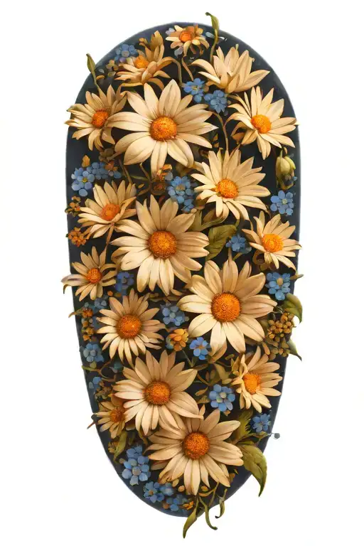 an intricate boquet of white daisys, blue cosmos flowers, and a lot of space between the flowers  tattoo design idea