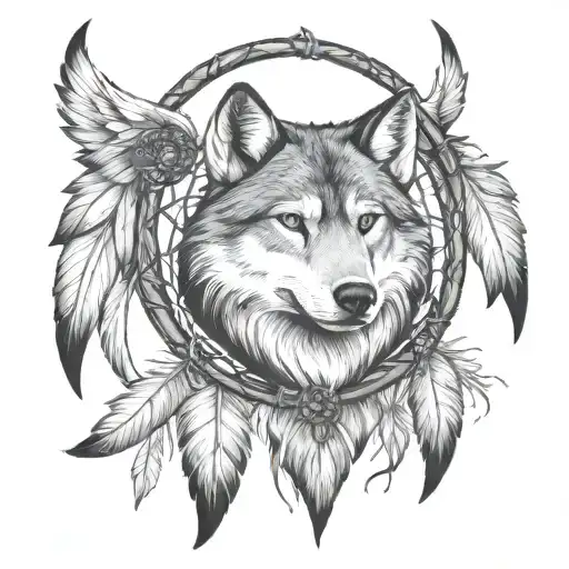 dream Catcher angel wings with wolf head tattoo design idea