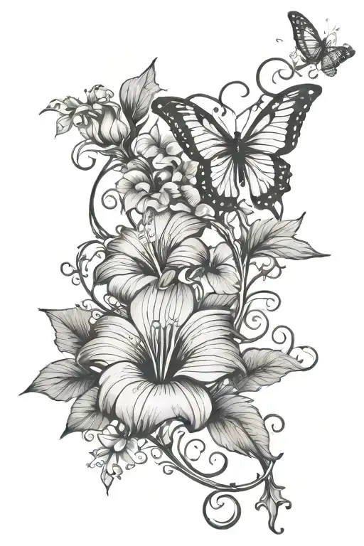 morning glory flower and  butterfly with faith in arabic calligraphy tattoo design idea