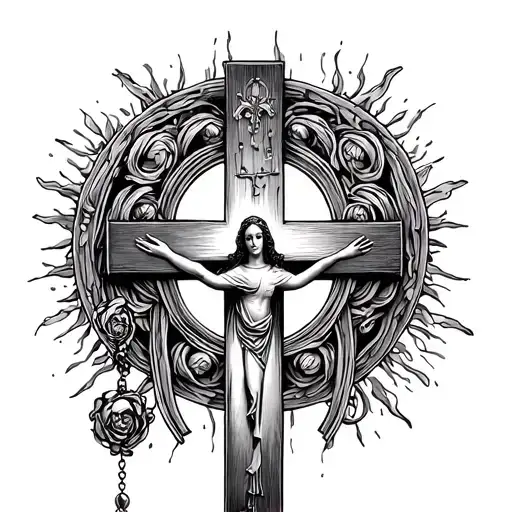 rosary Virgin Mary inri cross intertwined tattoo design idea