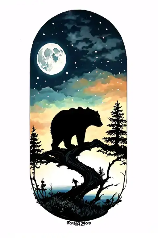 men half sleeve tree bear moon tattoo design idea