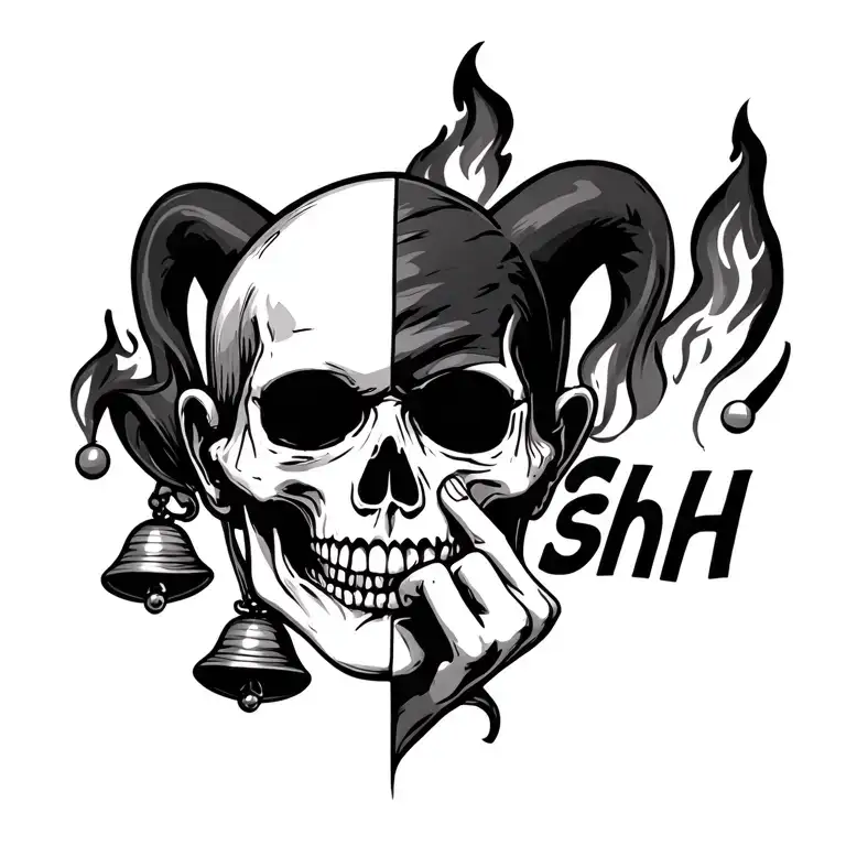 portrait half jester with bells and half skull on fire with finger in front of mouth as if it's saying shhh tattoo design idea