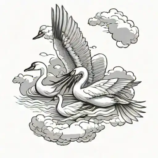 swans flying through clouds surrounding tattoo design idea
